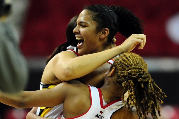 Mar 25, 2014; College Park, MD, USA; Maryland Terrapins forward Alyssa Thomas (25) celebrates with guard Sequoia Austin (0) after beating the Texas Longhorns 69-64 in the second half of a women's college basketball game in the second round of the NCAA Tournament at Comcast Center. Mandatory Credit: Evan Habeeb-USA TODAY Sports Mar 25, 2014; College Park, MD, USA; Maryland Terrapins forward Alyssa Thomas (25) celebrates with guard Sequoia Austin (0) after beating the Texas Longhorns 69-64 in the second half of a women's college basketball game in the second round of the NCAA Tournament at Comcast Center. Mandatory Credit: Evan Habeeb-USA TODAY Sports