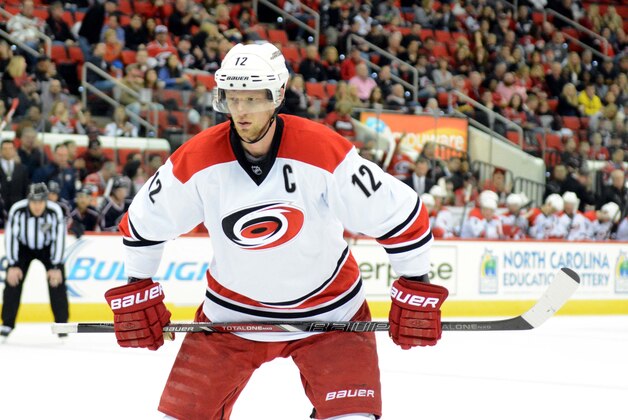 Mar 29, 2014; Raleigh, NC, USA; Carolina Hurricanes center Eric Staal (12) prepares for a faceoff during the third period against the Columbus Blue Jackets at PNC Arena. Mandatory Credit: Rob Kinnan-USA TODAY Sports Mar 29, 2014; Raleigh, NC, USA; Carolina Hurricanes center Eric Staal (12) prepares for a faceoff during the third period against the Columbus Blue Jackets at PNC Arena. Mandatory Credit: Rob Kinnan-USA TODAY Sports