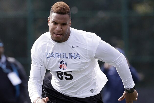 North Carolina tight end Eric Ebron runs during North Carolina pro day for NFL football representatives in Chapel Hill, N.C., Tuesday, March 25, 2014. (AP Photo/Gerry Broome)