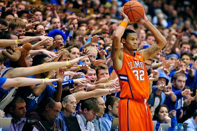 DURHAM, NC - JANUARY 08:  The Cameron Crazies taunt K.J. McDaniels #32 of the Clemson Tigers as he prepares to inbound the ball against the Duke Blue Devils during play at Cameron Indoor Stadium on January 8, 2013 in Durham, North Carolina. Duke won 68-40.  (Photo by Grant Halverson/Getty Images)