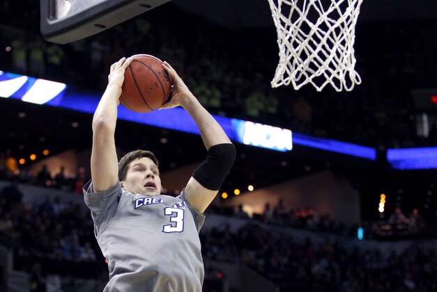 Mar 23, 2014; San Antonio, TX, USA; Creighton Bluejays forward Doug McDermott (3) gets a rebound in the first half of a men's college basketball game against the Baylor Bears during the third round of the 2014 NCAA Tournament at AT&T Center. Mandatory Credit: Soobum Im-USA TODAY Sports