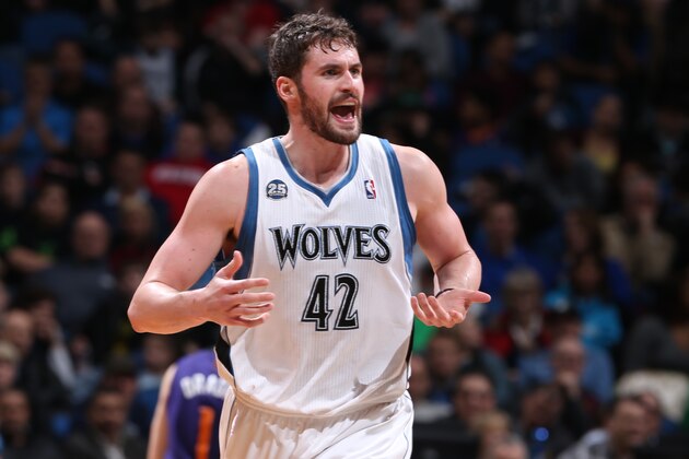 MINNEAPOLIS, MN - MARCH 23: Kevin Love #42 of the Minnesota Timberwolves runs down the court during a game against the Phoenix Suns on March 23, 2014 at Target Center in Minneapolis, Minnesota. NOTE TO USER: User expressly acknowledges and agrees that, by downloading and or using this Photograph, user is consenting to the terms and conditions of the Getty Images License Agreement. Mandatory Copyright Notice: Copyright 2014 NBAE (Photo by David Sherman/NBAE via Getty Images)