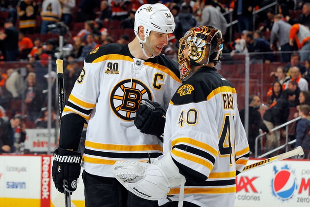 PHILADELPHIA, PA - JANUARY 25:  Zdeno Chara #33  and Tuukka Rask #40 of the Boston Bruins celebrate after defeating the Philadelphia Flyers at the Wells Fargo Center on January 25, 2014  in Philadelphia, Pennsylvania. The Bruins defeated the Flyers 6-1.  (Photo by Jim McIsaac/NHLI via Getty Images)