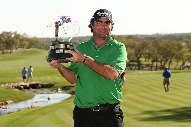 SAN ANTONIO, TX - MARCH 30:  Champion Steven Bowditch with the trophy during the Final Round of the Valero Texas Open at TPC San Antonio AT&T Oaks Course on March 30, 2014 in San Antonio, Texas.  (Photo by Darren Carroll/Getty Images)