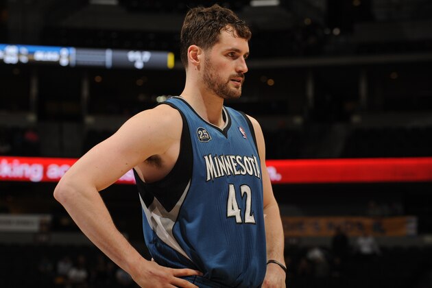 DENVER, CO - March 3: Kevin Love #42 of the Minnesota Timberwolves during the game against the Denver Nuggets on March 3, 2014 at the Pepsi Center in Denver, Colorado. NOTE TO USER: User expressly acknowledges and agrees that, by downloading and/or using this Photograph, user is consenting to the terms and conditions of the Getty Images License Agreement. Mandatory Copyright Notice: Copyright 2014 NBAE (Photo by Bart Young/NBAE via Getty Images)