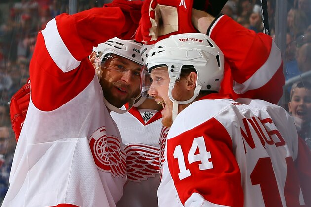 TORONTO, ON - MARCH 29: Gustav Nyquist #14 of the Detroit Red Wings celebrates his goal of the Toronto Maple Leafs during NHL action at the Air Canada Centre march 29, 2014 in Toronto, Ontario, Canada.  (Photo by Abelimages/Getty Images)