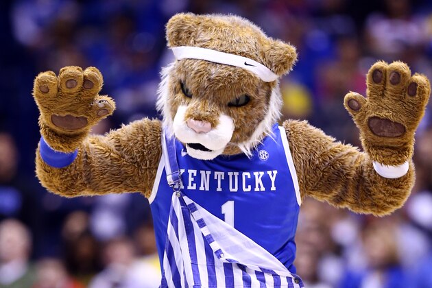 INDIANAPOLIS, IN - MARCH 30:  The Kentucky Wildcats mascot performs against the Michigan Wolverines during the midwest regional final of the 2014 NCAA Men's Basketball Tournament at Lucas Oil Stadium on March 30, 2014 in Indianapolis, Indiana.  (Photo by Andy Lyons/Getty Images)