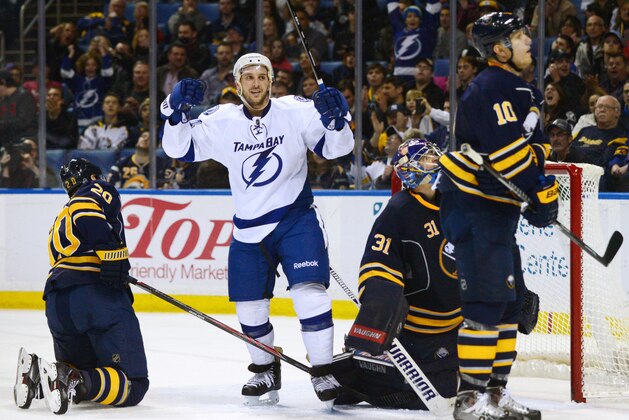 Buffalo Sabres' Henrik Tallinder (20), Matt Hackett (31) and Christian Ehrhoff (10) react to a goal by Tampa Bay Lightning's Ryan Callahan, center, during the third period of an NHL hockey game in Buffalo, N.Y., Saturday, March 29, 2014. Tampa Bay won 4-3. (AP Photo/Adam Wiepert) Buffalo Sabres' Henrik Tallinder (20), Matt Hackett (31) and Christian Ehrhoff (10) react to a goal by Tampa Bay Lightning's Ryan Callahan, center, during the third period of an NHL hockey game in Buffalo, N.Y., Saturday, March 29, 2014. Tampa Bay won 4-3. (AP Photo/Adam Wiepert)