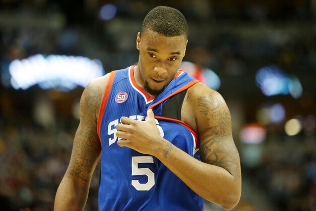 Mar 21, 2013; Denver, CO, USA;  Philadelphia 76ers forward Arnett Moultrie (5)  during the second half against the Denver Nuggets at the Pepsi Center. The Nuggets won 101-100.  Mandatory Credit: Chris Humphreys-USA TODAY Sports