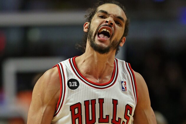 CHICAGO, IL - MARCH 24:  Joakim Noah #13 of the Chicago Bulls celebrates a play against the Indiana Pacers at the United Center on March 24, 2014 in Chicago, Illinois. The Bulls defeated the Pacers 89-77. NOTE TO USER: User expressly acknowledges and agrees that, by downloading and or using this photograph, User is consenting to the terms and conditions of the Getty Images License Agreement.  (Photo by Jonathan Daniel/Getty Images)