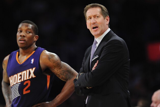 Phoenix Suns head coach Jeff Hornacek reacts during a timeout as Phoenix Suns guard Eric Bledsoe (2) looks on in the first half of an NBA basketball game against the Los Angeles Lakers, Sunday, March 30, 2014, in Los Angeles.(AP Photo/Gus Ruelas)
