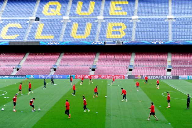 BARCELONA, SPAIN - MARCH 31:  Club Atletico de Madrid players in action during a training session ahead the UEFA Champions League Quarter Final first leg match against FC Barcelona at Camp Nou on March 31, 2014 in Barcelona, Spain.  (Photo by David Ramos/Getty Images)
