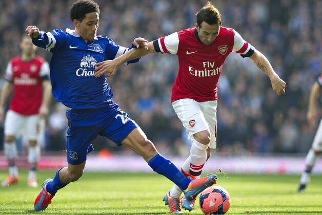 Arsenal's Santi Cazorla, right, fights for the ball with Everton's Steven Pienaar, during their FA Cup quarterfinal soccer match, at Emirates Stadium, in London, Saturday, March 8, 2014. (AP Photo/Bogdan Maran) Arsenal's Santi Cazorla, right, fights for the ball with Everton's Steven Pienaar, during their FA Cup quarterfinal soccer match, at Emirates Stadium, in London, Saturday, March 8, 2014. (AP Photo/Bogdan Maran)