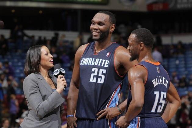SACRAMENTO, CA - JANUARY 4: Al Jefferson #25 and Kemba Walker #15 of the Charlotte Bobcats are interviewed after defeating the Sacramento Kings on January 4, 2014 at Sleep Train Arena in Sacramento, California. NOTE TO USER: User expressly acknowledges and agrees that, by downloading and or using this photograph, User is consenting to the terms and conditions of the Getty Images Agreement. Mandatory Copyright Notice: Copyright 2014 NBAE (Photo by Rocky Widner/NBAE via Getty Images)