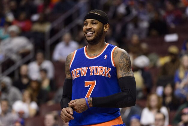 Mar 21, 2014; Philadelphia, PA, USA; New York Knicks forward Carmelo Anthony (7) during the second quarter against the Philadelphia 76ers at the Wells Fargo Center. The Knicks defeated the Sixers 93-92. Mandatory Credit: Howard Smith-USA TODAY Sports