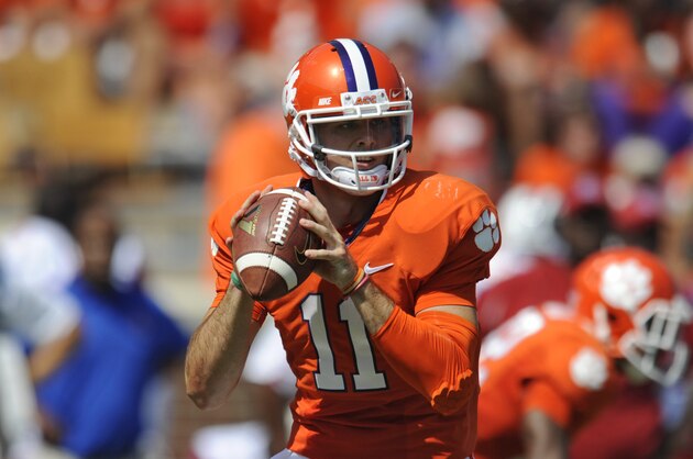 Clemson backup quarterback Chad Kelly, nephew of ex- NFL player Jim Kelly,  delivers a pass during the second half of an NCAA college football game Saturday against South Carolina State , Sept. 7, 2013 at Memorial Stadium in Clemson, S.C.(AP Photo/ Richard Shiro)