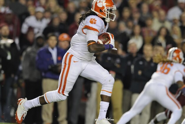 Clemson's Sammy Watkins rushes upfield during the second half  of an NCAA college football game against South Carolina Saturday Nov. 30, 2013 at Williams-Brice Stadium, in Columbia, S.C. South Carolina won 31-17. (AP Photo/ Richard Shiro)