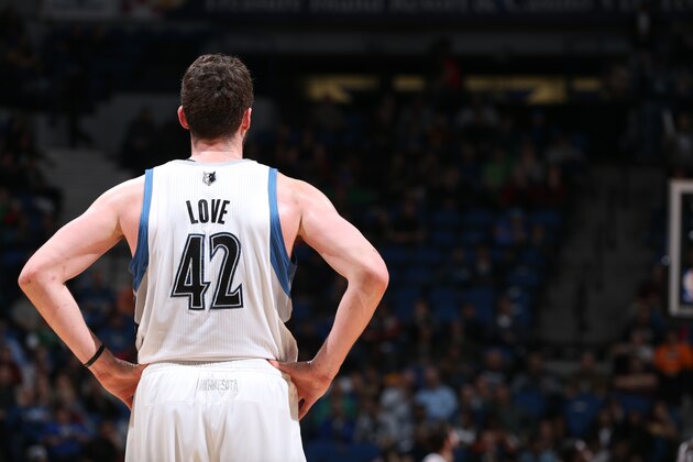 MINNEAPOLIS, MN - MARCH 26: Kevin Love #42 of the Minnesota Timberwolves looks on during the game against the Atlanta Hawks on March 26, 2014 at Target Center in Minneapolis, Minnesota. NOTE TO USER: User expressly acknowledges and agrees that, by downloading and or using this Photograph, user is consenting to the terms and conditions of the Getty Images License Agreement. Mandatory Copyright Notice: Copyright 2014 NBAE (Photo by David Sherman/NBAE via Getty Images)