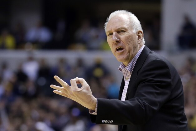 San Antonio Spurs head coach Gregg Popovich looks for a three second call in the first half of an NBA basketball game against the Indiana Pacers in Indianapolis, Monday, March 31, 2014. (AP Photo/Michael Conroy) San Antonio Spurs head coach Gregg Popovich looks for a three second call in the first half of an NBA basketball game against the Indiana Pacers in Indianapolis, Monday, March 31, 2014. (AP Photo/Michael Conroy)