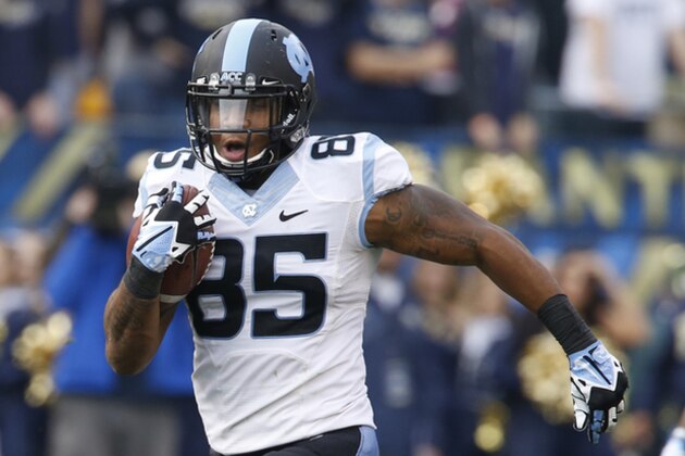 North Carolina tight end Eric Ebron (85) in action in an NCAA football game between Pittsburgh and North Carolina, Saturday, Nov. 16, 2013 in Pittsburgh. (AP Photo/Keith Srakocic)