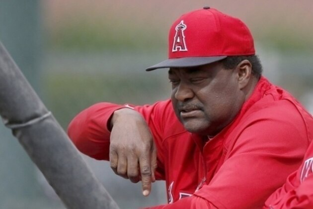 Los Angeles Angels batting coach Don Baylor  talks to a batter during spring training baseball practice on Tuesday, Feb. 25, 2014, in Tempe, Ariz. (AP Photo/Ross D. Franklin)