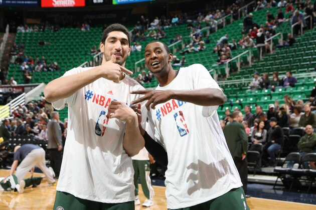 SALT LAKE CITY, UT - FEBRUARY 12:  Enes Kanter #0 and Jeremy Evans #40 of the Utah Jazz warm up before their matchup against the Philadelphia 76ers at EnergySolutions Arena on February 12, 2014 in Salt Lake City, Utah. NOTE TO USER: User expressly acknowledges and agrees that, by downloading and or using this Photograph, User is consenting to the terms and conditions of the Getty Images License Agreement. Mandatory Copyright Notice: Copyright 2013 NBAE (Photo by Melissa Majchrzak/NBAE via Getty Images)