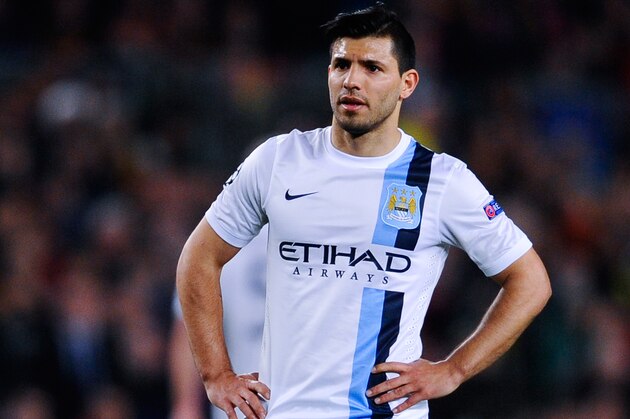 BARCELONA, SPAIN - MARCH 12:  Sergio Aguero of Manchester City FC looks on during the UEFA Champions League Round of 16 second leg match between FC Barcelona and Manchester City at Camp Nou on March 12, 2014 in Barcelona, Spain.  (Photo by David Ramos/Getty Images)