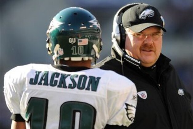 Philadelphia Eagles coach Andy Reid talks with wide receiver DeSean Jackson during a timeout against the Baltimore Ravens in a NFL football game Sunday, Nov. 23, 2008 in Baltimore. (AP Photo/Gail Burton)