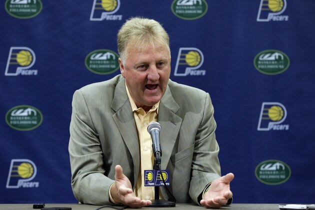 Larry Bird talks about returning as the Indiana Pacers President of Basketball Operations for the NBA basketball team in Indianapolis, Thursday, June 27, 2013.  Bird had held the job for the team from 2003 until June 27, 2012. He returns to the position Monday, July 1. (AP Photo/Michael Conroy)