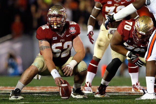 PASADENA, CA - JANUARY 06:  Offensive linesman Bryan Stork #52 of the Florida State Seminoles waits to snap the ball against the Auburn Tigers during the 2014 Vizio BCS National Championship Game at the Rose Bowl on January 6, 2014 in Pasadena, California.  (Photo by Kevin C. Cox/Getty Images)
