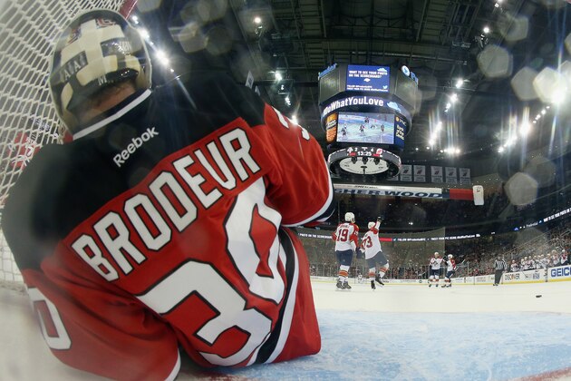 NEWARK, NJ - MARCH 31:  Brandon Pirri #73 of the Florida Panthers celebrates his goal at 6:35 of the second period against Martin Brodeur #30 of the New Jersey Devils at the Prudential Center on March 31, 2014 in Newark, New Jersey.  (Photo by Bruce Bennett/Getty Images)