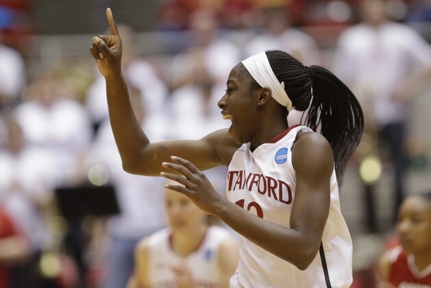 Stanford's Chiney Ogwumike (13) celebrates after scoring in the first half of a first-round game in the NCAA women's college basketball tournament against South Dakota in Ames, Iowa, Saturday, March 22, 2014. (AP Photo/Nati Harnik) Stanford's Chiney Ogwumike (13) celebrates after scoring in the first half of a first-round game in the NCAA women's college basketball tournament against South Dakota in Ames, Iowa, Saturday, March 22, 2014. (AP Photo/Nati Harnik)
