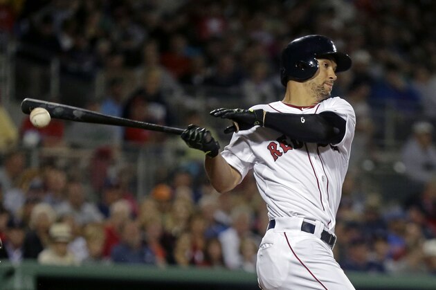 Boston Red Sox center fielder Grady Sizemore bats in the sixth inning of an exhibition baseball game against the Minnesota Twins in Fort Myers, Fla., Thursday, March 27, 2014. The Red Sox won 4-1. (AP Photo/Gerald Herbert)