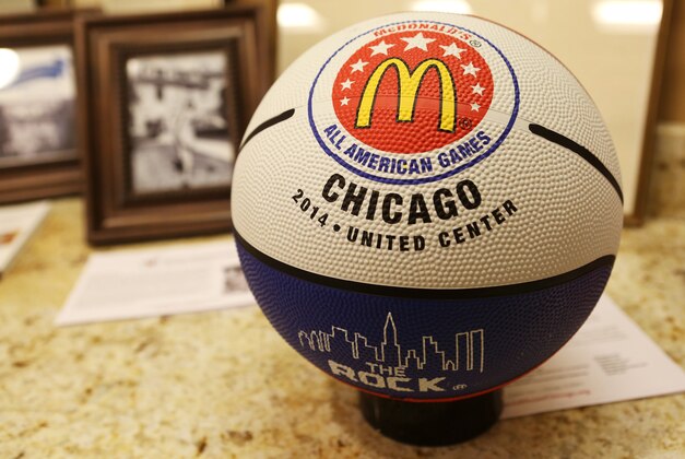 2014 McDonald's All Americans Jahlil Okafor and Ariel Atkins were named as the 2014 Morgan Wootten Players of the Year at the Ronald McDonald House on Tuesday, March, 25, 2014 in Chicago.  The duo will compete in the 2014 McDonald’s All American Games on April 2, 2014 at Chicago United Center. The Girls game will begin at 6:00 p.m. CT and will be followed by the Boys game at 8:30 p.m. CT. (John Konstantaras/AP Images for McDonald’s)