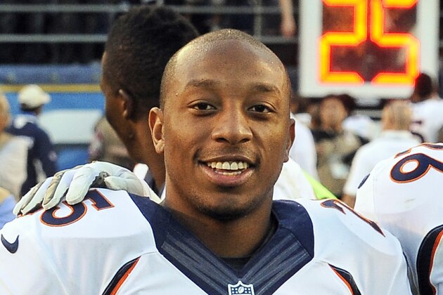 FILE - In a Sunday, Nov. 10, 2013 file photo, Denver Broncos cornerback (25) Chris Harris Jr. is photographed on the field after a game against the San Diego Chargers played at Qualcomm Stadium in San Diego. The Denver Broncos announced Tuesday, April 1, 2014 that  that Harris Jr. signed his restricted free agent tender contract. Harris is recovering from a torn anterior cruciate ligament.  (AP Photo/John Cordes)