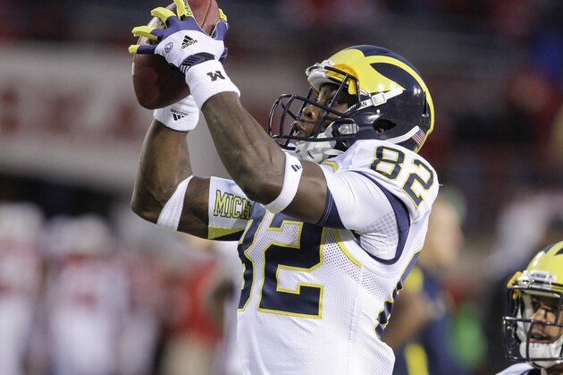 Michigan's Amara Darboh (82) catches the ball during warmups before the NCAA college Football game against Nebraska, in Lincoln, Neb., Saturday, Oct. 27, 2012. Nebraska won 23-9. (AP Photo/Nati Harnik) Michigan's Amara Darboh (82) catches the ball during warmups before the NCAA college Football game against Nebraska, in Lincoln, Neb., Saturday, Oct. 27, 2012. Nebraska won 23-9. (AP Photo/Nati Harnik)