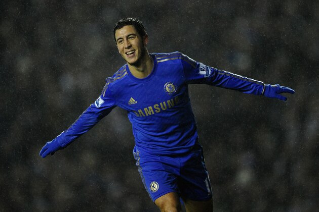 LEEDS, ENGLAND - DECEMBER 19:  Eden Hazard of Chelsea celebrates scoring his team's fourth goal to make the score 1-4 during the Capital One Cup Quarter-Final match between Leeds United and Chelsea at Elland Road on December 19, 2012 in Leeds, England. (Photo by Laurence Griffiths/Getty Images)