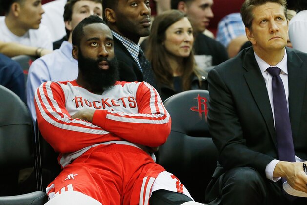 HOUSTON, TX - MARCH 27:  James Harden #13 of the Houston Rockets waits on the bench during the game against the Philadelphia 76ers at the Toyota Center on March 27, 2014 in Houston, Texas. NOTE TO USER: User expressly acknowledges and agrees that, by downloading and or using this photograph, User is consenting to the terms and conditions of the Getty Images License Agreement. (Photo by Scott Halleran/Getty Images)