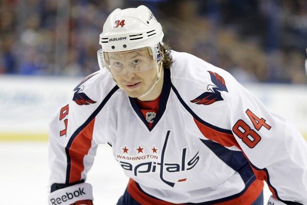 Washington Capitals center Mikhail Grabovski (84), of Germany, during the third period of an NHL hockey game against the Tampa Bay Lightning Thursday, Jan. 9, 2014, in Tampa, Fla. (AP Photo/Chris O'Meara)