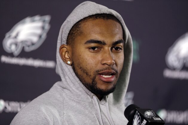 FILE - In this Dec. 31, 2013 file photo, Philadelphia Eagles wide receiver DeSean Jackson speaks during a news conference in Philadelphia. The Eagles have released Jackson. The team cut Jackson on Friday, March 28, 2014. He was coming off a career-best season in Philadelphia, leading the team with 82 catches for 1,332 yards and nine touchdowns. (AP Photo/Matt Rourke, File)