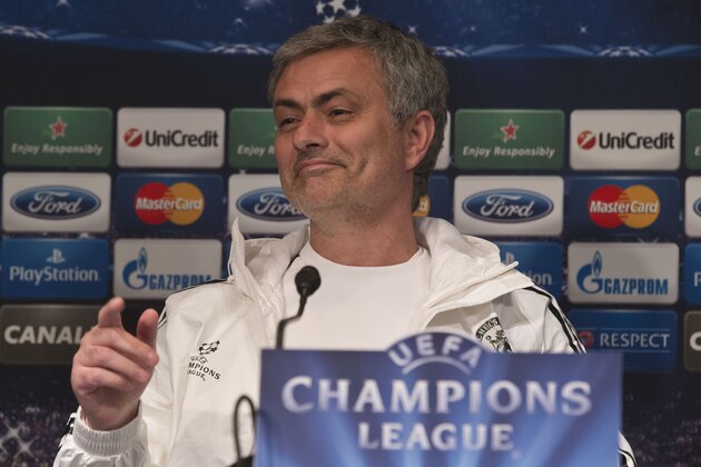 Chelsea FC coach Jose Mourinho gestures during a press conference prior to a training session at Parc des Princes stadium in Paris, Tuesday April 1, 2014. Paris Saint Germain will face Chelsea FC in a Champions League quarterfinal soccer match on Wednesday April 2. (AP Photo/Michel Euler)