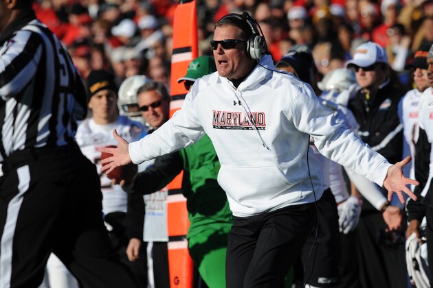Maryland's head coach Randy Edsall reacts to an officials call in the first half of the Military Bowl against Marshall Friday, Dec. 27, 2013 in Annapolis, Md. Marshall won 31-20.(AP Photo/Gail Burton) Maryland's head coach Randy Edsall reacts to an officials call in the first half of the Military Bowl against Marshall Friday, Dec. 27, 2013 in Annapolis, Md. Marshall won 31-20.(AP Photo/Gail Burton)