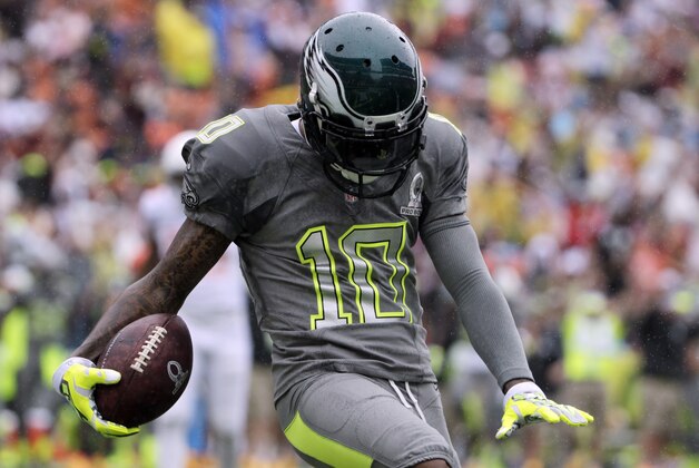 Philadelphia Eagles DeSean Jackson (10) of Team Sanders celebrates after making a catch for a touchdown in the first half during the Pro Bowl, Sunday, Jan. 26, 2014, at Aloha Stadium in Honolulu. (AP Photo/Eugene Tanner)