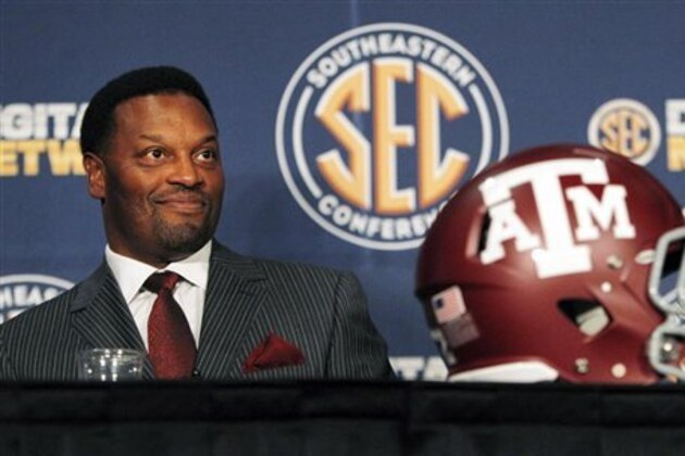 FILE - In this July 17, 2012, file photo, Texas A&M coach Kevin Sumlin smiles during a news conference at the NCAA college football Southeastern Conference media day in Hoover, Ala. Sumlin said Johnny Manziel will start Texas A&M's opener against Louisiana Tech on Aug. 30 as the Aggies prepare for their first season in the Southeastern Conference. (AP Photo/Butch Dill, File)