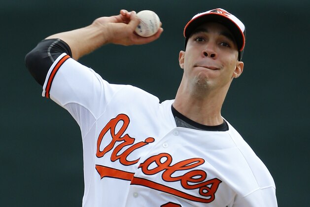 Baltimore Orioles starting pitcher Ubaldo Jimenez (31) warms up before the first inning of an exhibition spring training baseball game against the Philadelphia Phillies in Sarasota, Fla., Friday, March 7, 2014. (AP Photo/Gene J. Puskar)