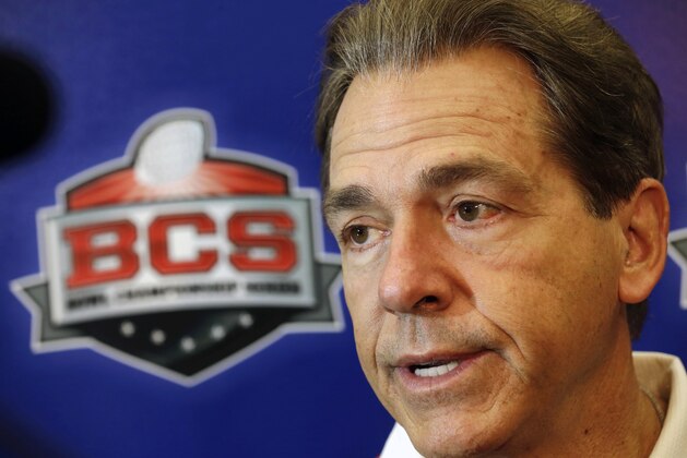 Alabama head coach Nick Saban talks to reporters after practice for the Jan. 2 Sugar Bowl NCAA college football game against Oklahoma, in New Orleans on Saturday, Dec. 28, 2013. (AP Photo/Gerald Herbert) Alabama head coach Nick Saban talks to reporters after practice for the Jan. 2 Sugar Bowl NCAA college football game against Oklahoma, in New Orleans on Saturday, Dec. 28, 2013. (AP Photo/Gerald Herbert)