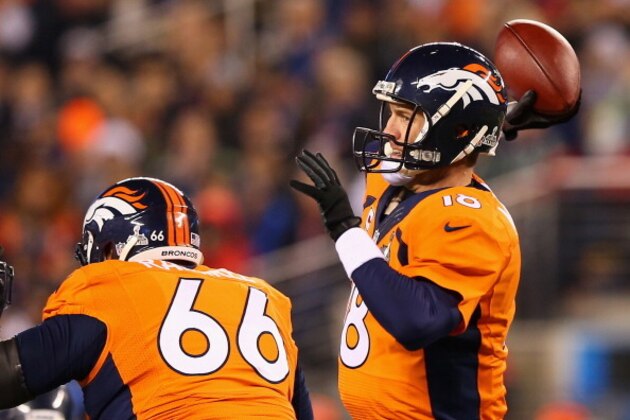 EAST RUTHERFORD, NJ - FEBRUARY 02:  Quarterback Peyton Manning #18 of the Denver Broncos throws during Super Bowl XLVIII at MetLife Stadium on February 2, 2014 in East Rutherford, New Jersey.  (Photo by Elsa/Getty Images)