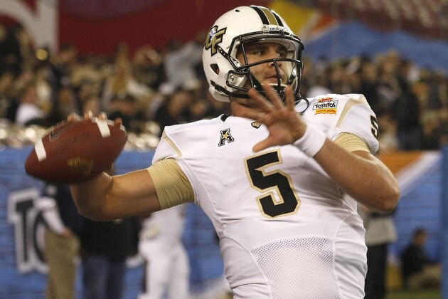 Central Florida quarterback Blake Bortles (5) during the first half of the Fiesta Bowl NCAA college football game against Baylor, Wednesday, Jan. 1, 2014, in Glendale, Ariz.  (AP Photo/Rick Scuteri)