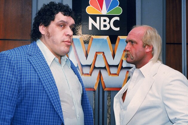 World Wrestling Federation Heavyweight Champion Hulk Hogan, right, faces off against Andre the Giant at a New York press conference on Feb. 3, 1988 to promote their upcoming bout on
