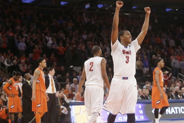 SMU's Sterling Brown (3) reacts during the second half of an NCAA college basketball game against SMU in the semifinals of the NIT Tuesday, April 1, 2014, in New York. SMU won the game 65-59. (AP Photo/Frank Franklin II)